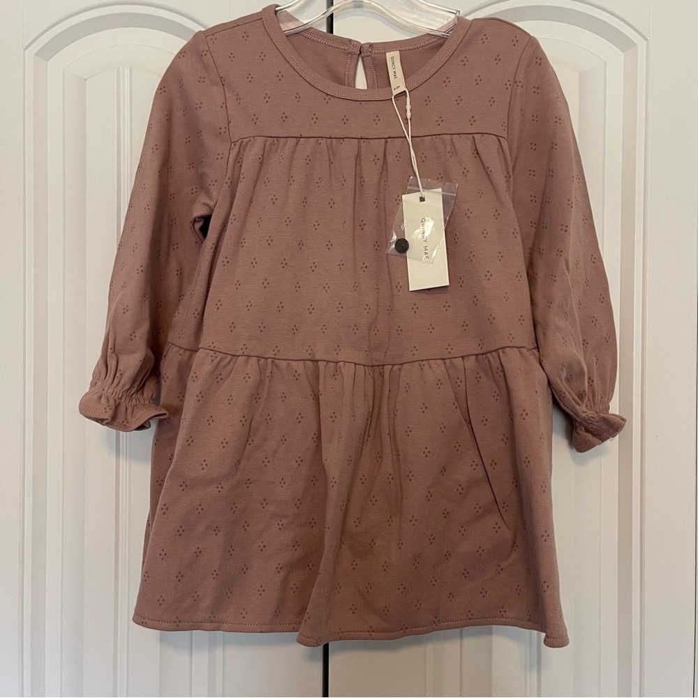 Quincy Mae Tiered Jersey Dress in Mauve Organic Cotton with matching bloomers